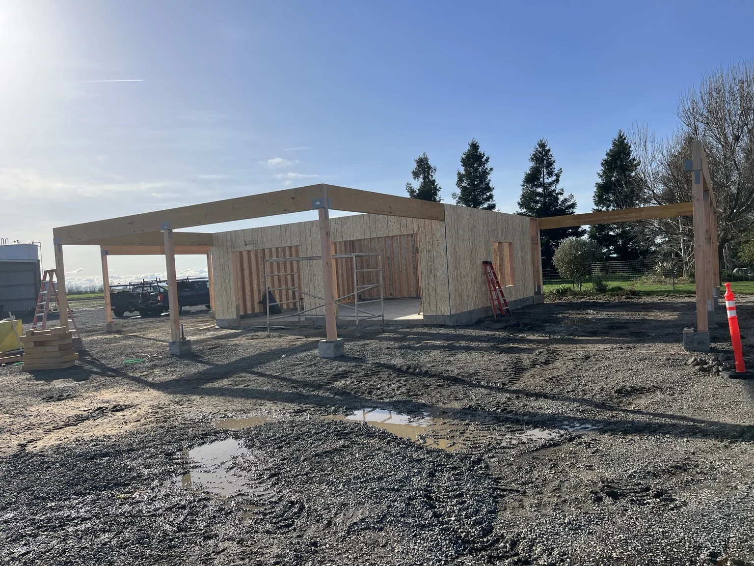 Commercial wood-framed building under construction