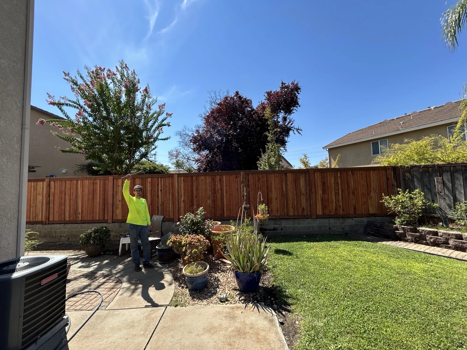 Newly installed stained wood backyard fence